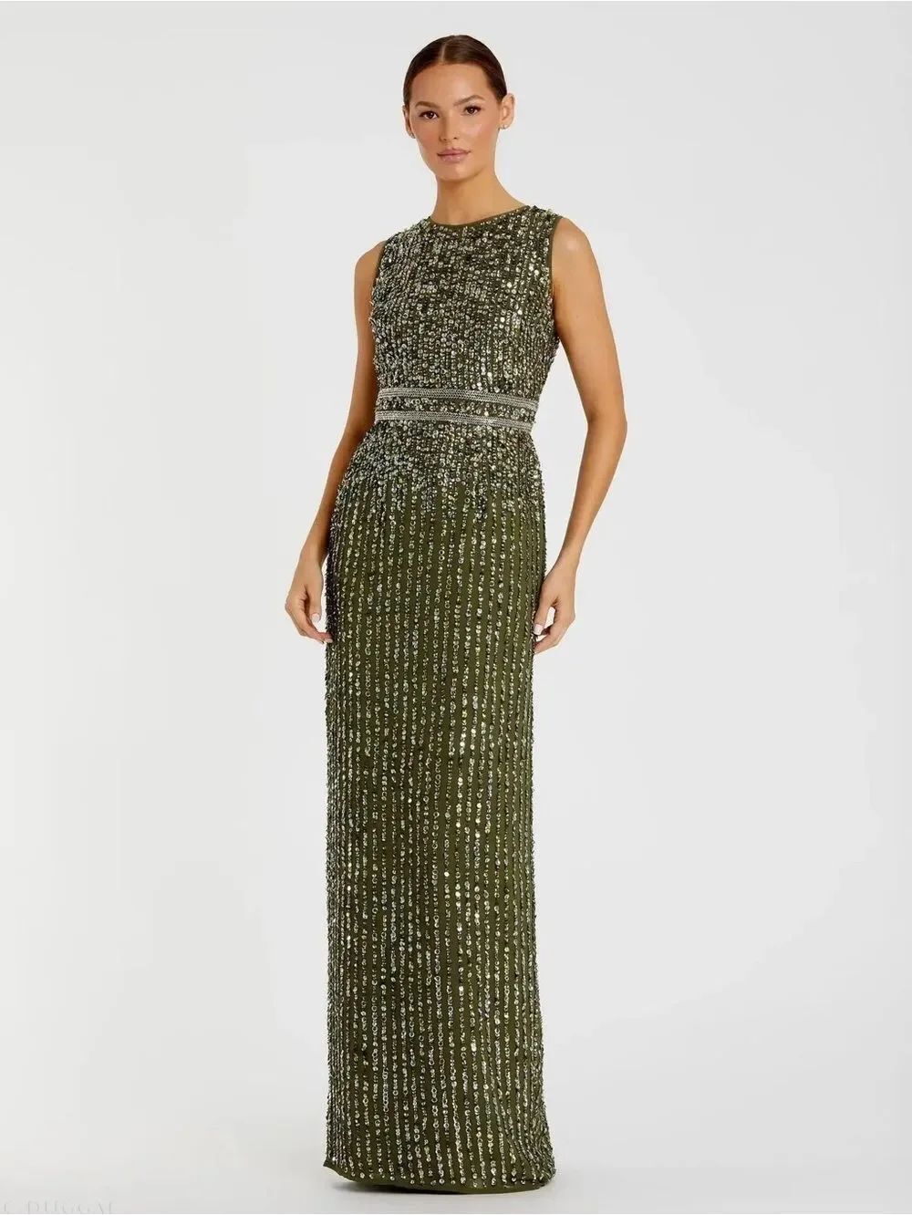 NWT Mac Duggal 93603 SEQUINED HIGH NECK SLEEVELESS COLUMN GOWN Olive Size 12